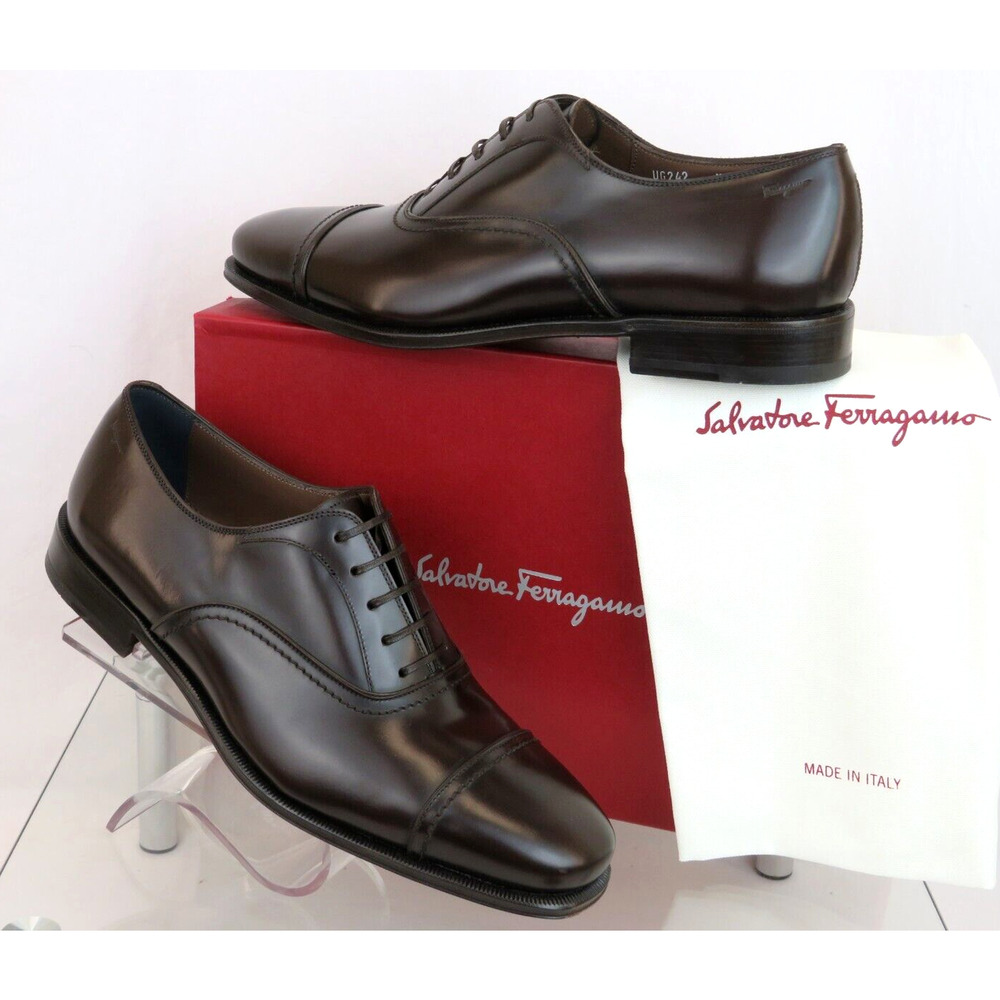 NIB FERRAGAMO SEUL DARK BROWN POLISHED LEATHER CAP TOE LOGO OXFORDS 11 D